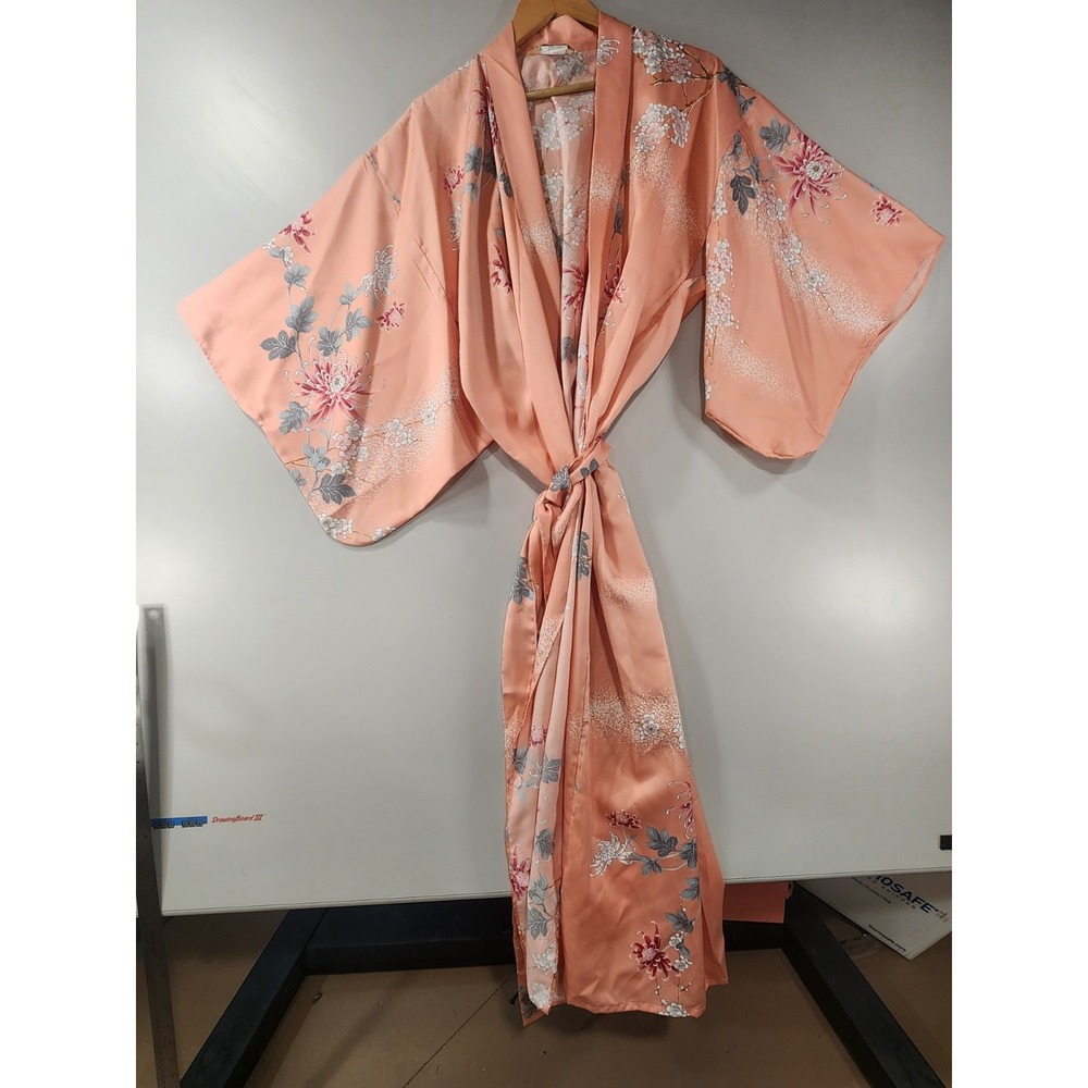 Vtg Kimono Robe Traditional Japanese Pink Coral Floral Belt Sleeves Long Geisha